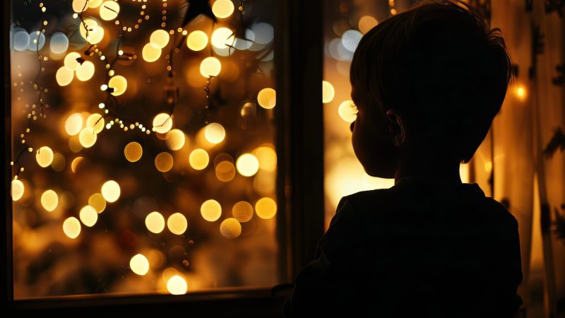 Silhouette of a child looking out a window on Christmas Eve.